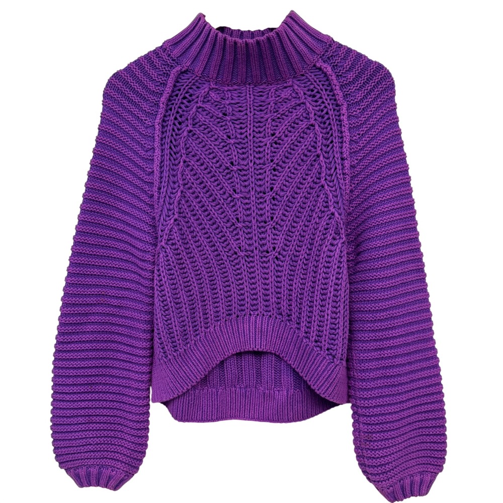 Free People Sweetheart Sweater XS Purple Chunky Cable Knit Mock Neck 100% Cotton